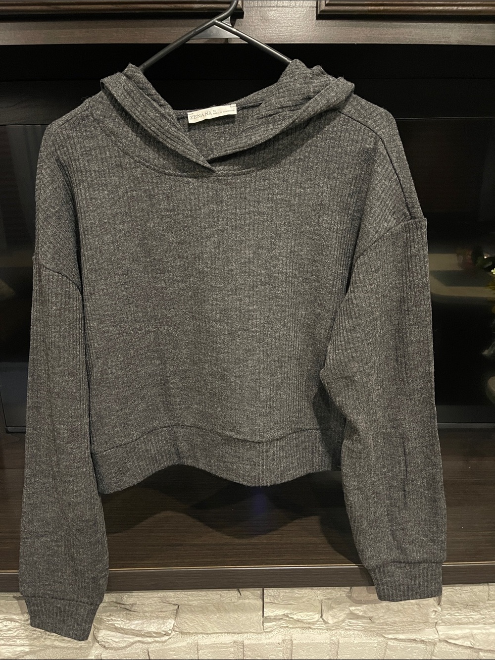 Zenana Outfitters Charcoal Ribbed Hooded Sweater